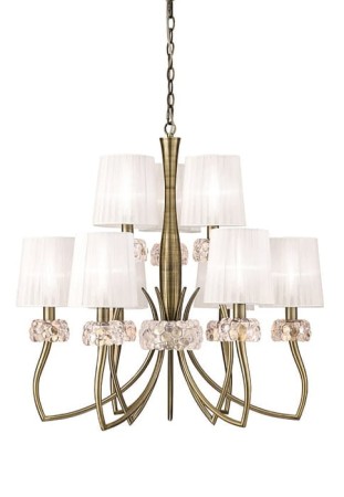 Lampa wisząca LOEWE antyczny mosiądz-białe klosze - 9xE14 13W 220–240V IP20 - MANTRA